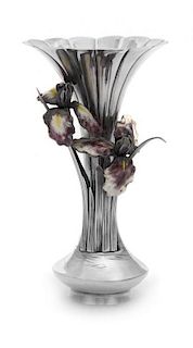 A Japanese Silver and Enamel Vase, , the vase of lotus form with applied reed and enameled orchid decoration.