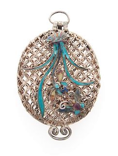 A Chinese Silver and Enamel Pomander, Two-Character Maker's Mark, the wire case having enameled floral and butterfly decoration.