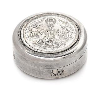 A Japanese Sakurai Silver Snuff Box, Mid-20th Century, the lid and base with inset 20 sen coins.