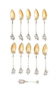 A Set of Ten American Silver Citrus Spoons, Gorham Mfg. Co., Providence, RI, Circa 1865, Morning Glory pattern, with gold-washed