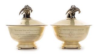 A Pair of American Silver Covered Revere Bowls, Gorham Mfg. Co., Providence, RI, the lid finial in the form of a spaniel retriev