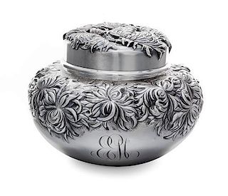 An American Silver Covered Jar, George W. Schiebler & Co., New York, New York, Circa 1900, worked to show clusters of crysanthem