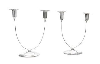 * A Pair of American Silver Two-Light Candelabra, William Seitz, New York, NY, 1970, each having a domed foot supporting two str