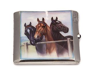 An American Enameled Silver Cigarette Case, 19th Century, the lid depicting three horses and engraved with a monogram.