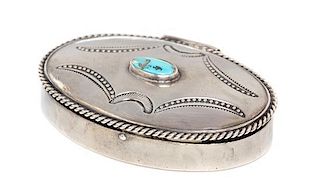 An American Silver Snuff Box, , of oval form, the lid having a gadrooned rim and centered with a turquoise cartouche.
