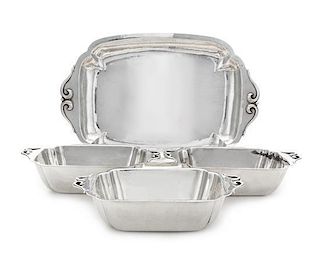 * A Set of Three American Silver Vegetable Dishes and Matching Tray, Cellini Craft, Ltd., Chicago, IL, 1940, each of shaped rect