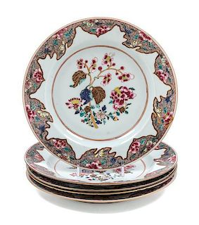 * Five Chinese Export Famille Rose Porcelain Plates Diameter 9 inches.