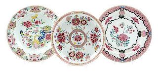 * Three Chinese Export Famille Rose Porcelain Plates Diameter of largest 12 1/2 inches.