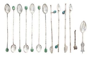 Twelve Chinese Export Silver Spoons, , comprising seven long spoons with jadeite inset terminals, each stamped MADE IN HK, 90% S