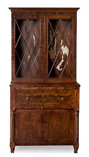 A Late Federal Mahogany Secretary Bookcase Height 86 x width 40 x depth 22 inches open.