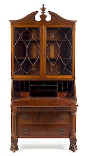 An American Classical Style Secretary Bookcase Height 81 x width 37 x depth 19 1/2 inches.