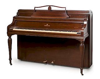 A Steinway and Sons Mahogany Upright Piano Height 43 x width 59 x depth 24 inches.