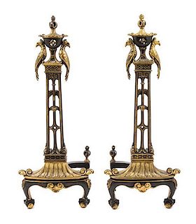 A Pair of Parcel Gilt Bronze Andirons Height 22 1/2 inches.