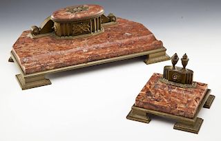 2 Pc Bronze and Marble Austrian Desk Set