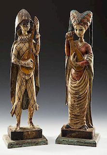 2 Wood and Polychrome Commedia dell'arte Figures