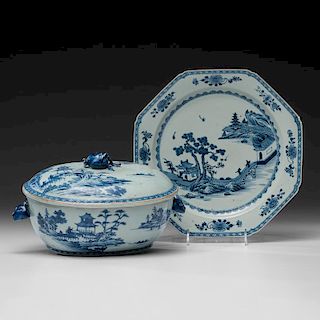 Chinese Export Blue & White Porcelain Tureen and Charger