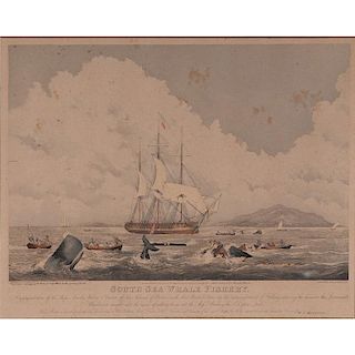 South Sea Whale Fishery Hand-Colored Engraving by T. Sutherland, After W. J. Huggins