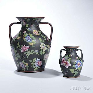Two Wedgwood Enameled Black Basalt Vases
