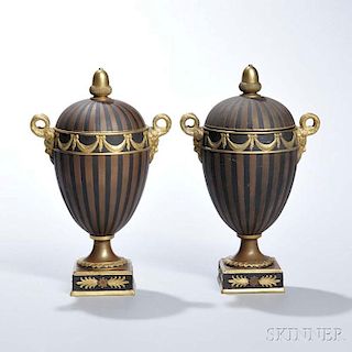 Pair of Wedgwood Gilded and Bronzed Black Basalt Engine-turned Vases and Covers