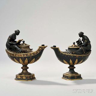 Two Wedgwood Gilded and Bronzed Black Basalt Oil Lamps