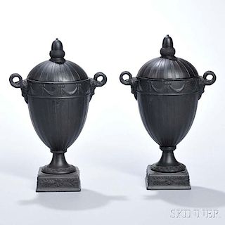 Pair of Wedgwood Black Basalt Engine-turned Vases and Covers