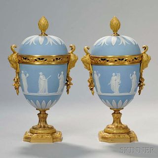 Pair of Wedgwood Blue Jasper and Gilt-bronze-mounted Vases and Covers