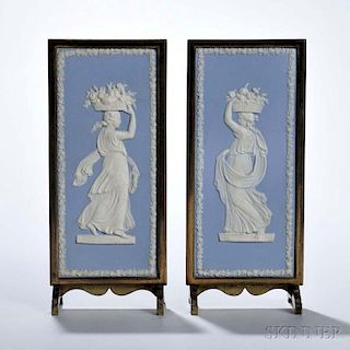 Pair of Wedgwood Solid Light Blue Jasper-mounted Brass Table Screens