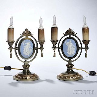 Pair of Wedgwood Light Blue Jasper-mounted Two-light Brass Table Sconces