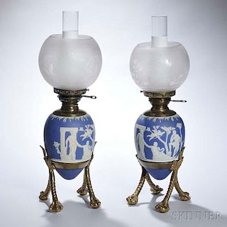 Pair of Wedgwood Dark Blue Jasper Dip Oil Lamps