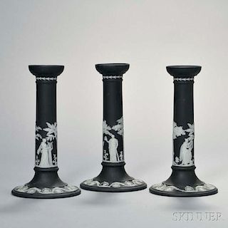 Three Wedgwood Black Jasper Dip Candlesticks