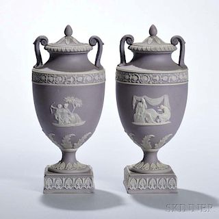 Pair of Wedgwood Lilac Jasper Dip Vases and Covers