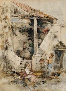 Émile Lessore (French, 1805-1876)      Children at Play in a Courtyard