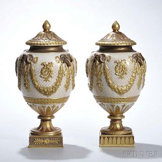 Pair of Wedgwood Gilded and Bronzed Queen's Ware Vases and Covers