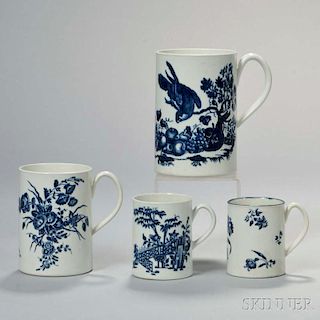 Four First Period Worcester Porcelain Blue and White Mugs