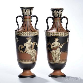 Pair of Etched Mettlach Stoneware Vases