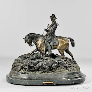 After Pierre-Jules Mene (French, 1810-1879)       Bronze Figural Group of a Horseman with Hounds