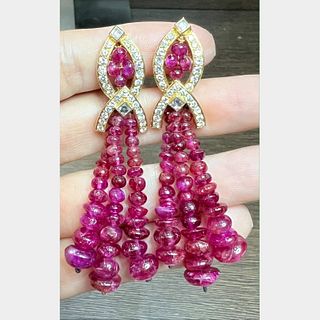 French 18K Yellow Gold Ruby and Diamond Earrings