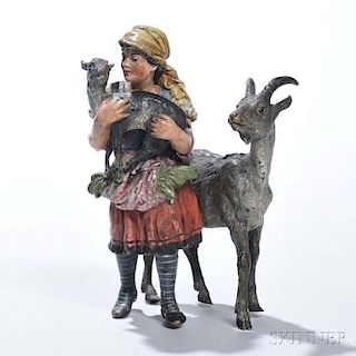 Franz Bergman Cold-painted Bronze Figure of a Girl with Goats