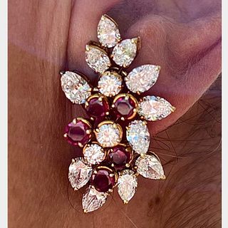 French 18K Yellow Gold Diamond Burma Ruby Earrings