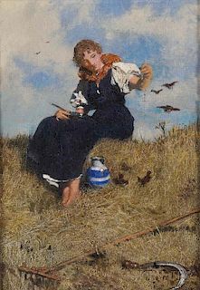 Frederick Barnard (British, 1846-1896)      Peasant Woman at Rest Feeding Birds