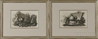 Giovanni-Battista Nolli (Italian, 1692-1756)      Two Engravings of Antique Vessels in Landscapes