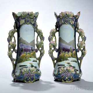 Pair of Continental Art Nouveau-style Majolica Vases
