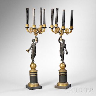 Pair of Empire Gilded and Patinated Bronze Figural Candelabra