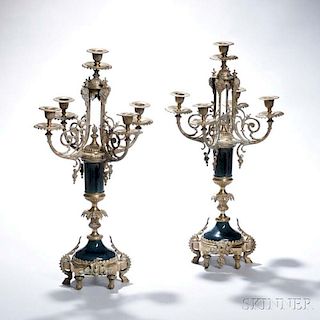 Pair of French Gilt-bronze and Porcelain Five-light Candelabra