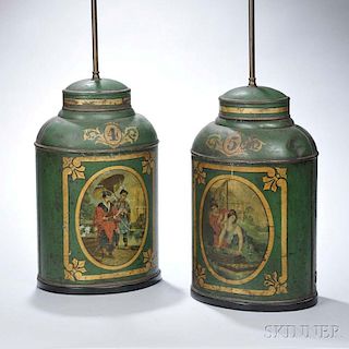 Pair of Painted Tin Tea Canister Lamps
