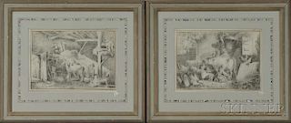 British School, 19th Century      Two Drawings of Barn Interiors with Animals and Children