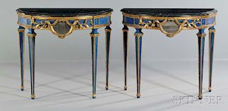 Pair of Italian Neoclassical-style Painted and Marble-top Demilune Console Tables