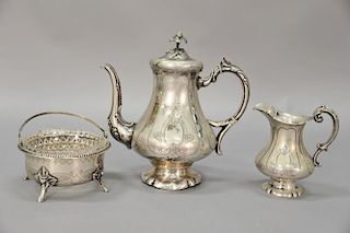 Silver three piece tea set with teapot, creamer, and waste bowl, marked 12 Lothe.  teapot: ht. 9 1/2in., 27.5 t oz.