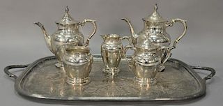 Five piece sterling silver tea and coffee setting with a silverplated tray.  teapot: ht. 10in.  92 weighable t oz.