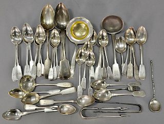Russian silver group of flatware and serving pieces, marks consist of 1879HE 84, 1889 AR 84, etc. 31 t oz.